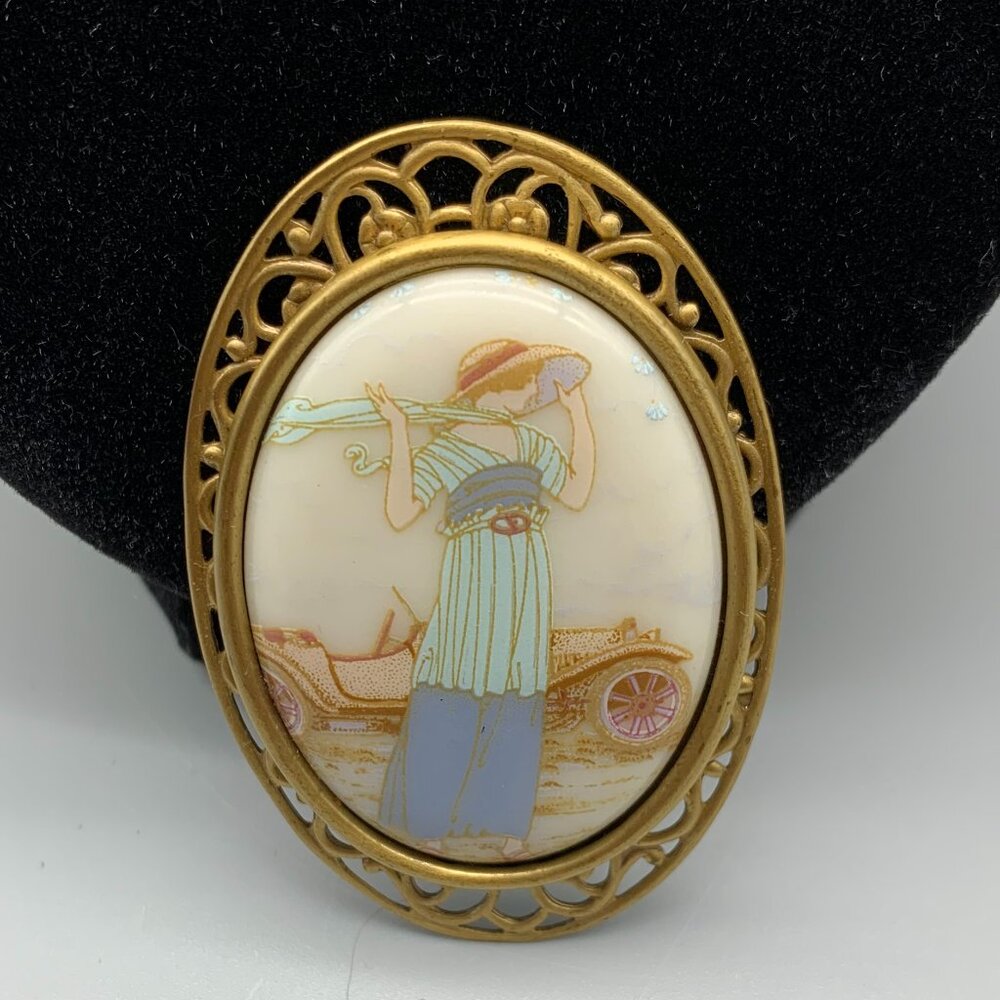 Vtg Gold-tone Scrolled Cameo Brooch Woman in Blue Dress by Oldtime Car